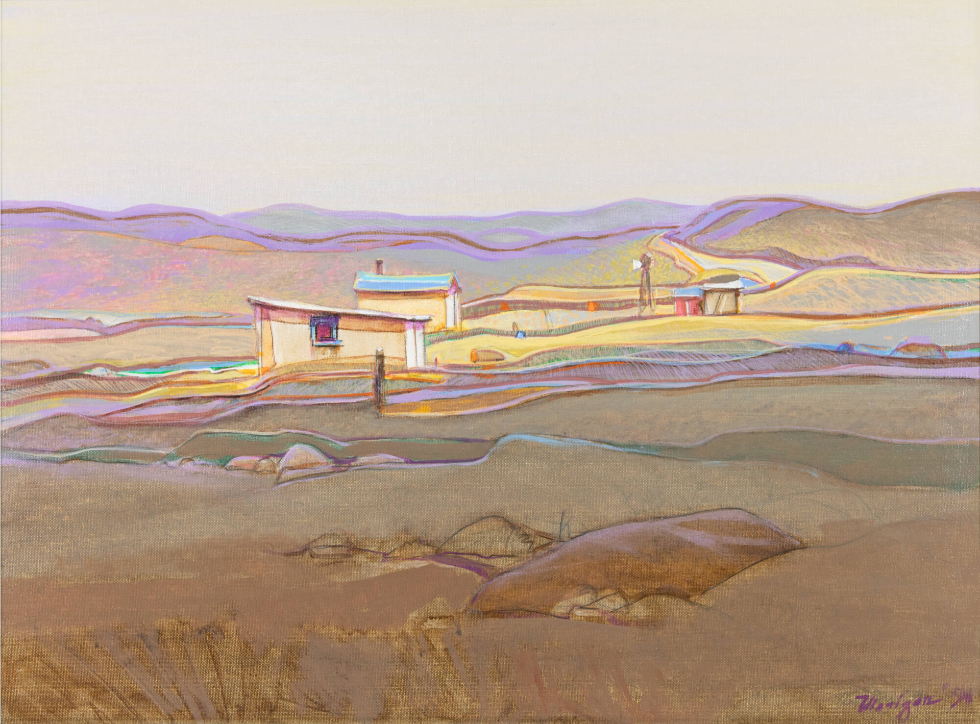 Bright pastel colored landscape with a few buildings and mountains in the background.
